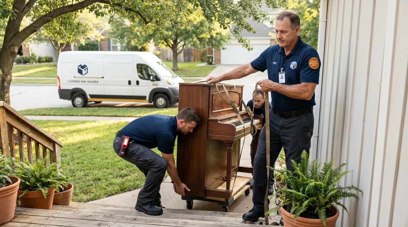 Licensed piano movers securing grand piano in River Rouge, MI