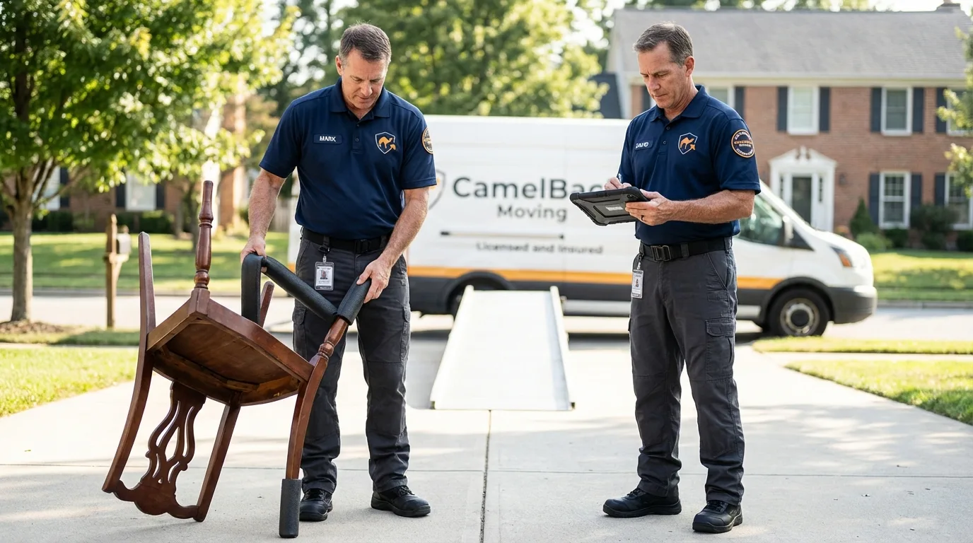 Movers inspecting furniture for damage prevention before loading in River Rouge, MI