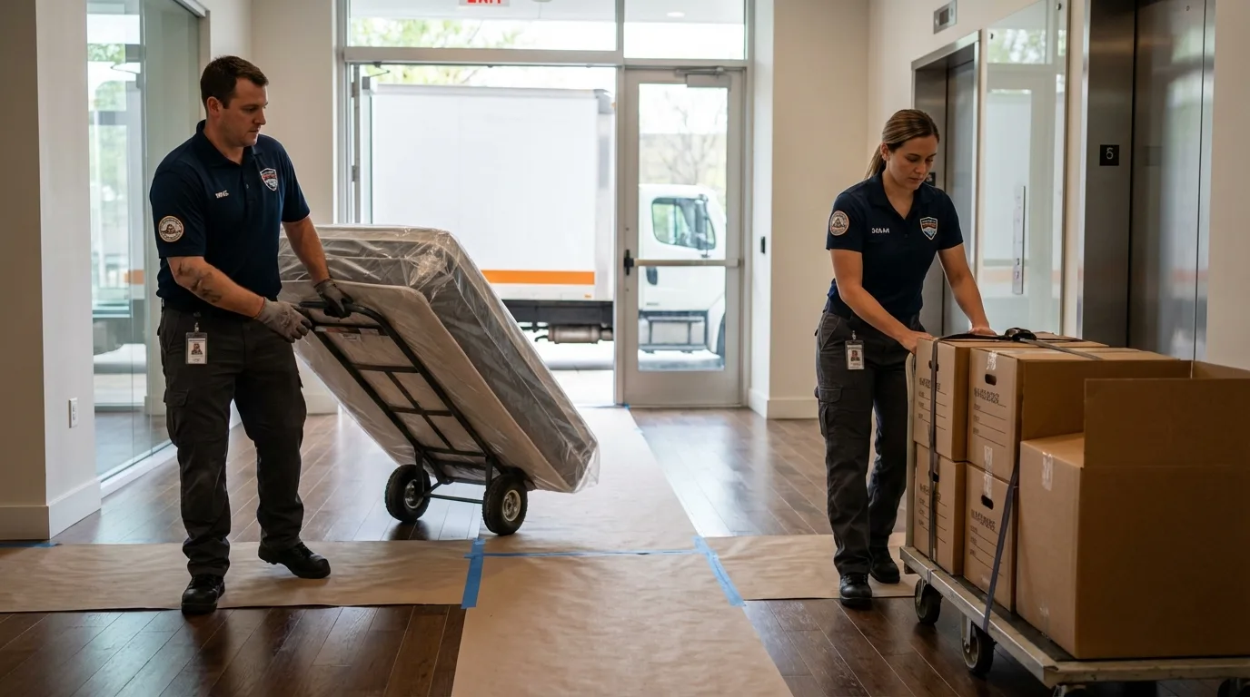 Professional apartment movers loading elevator in River Rouge, MI
